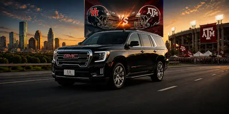 Luxury GMC Yukon with the official Lavish Ride logo on the front license plate traveling between Houston and Texas A&M University during football weekend, with a game-day stadium and matchup billboard in the background.
